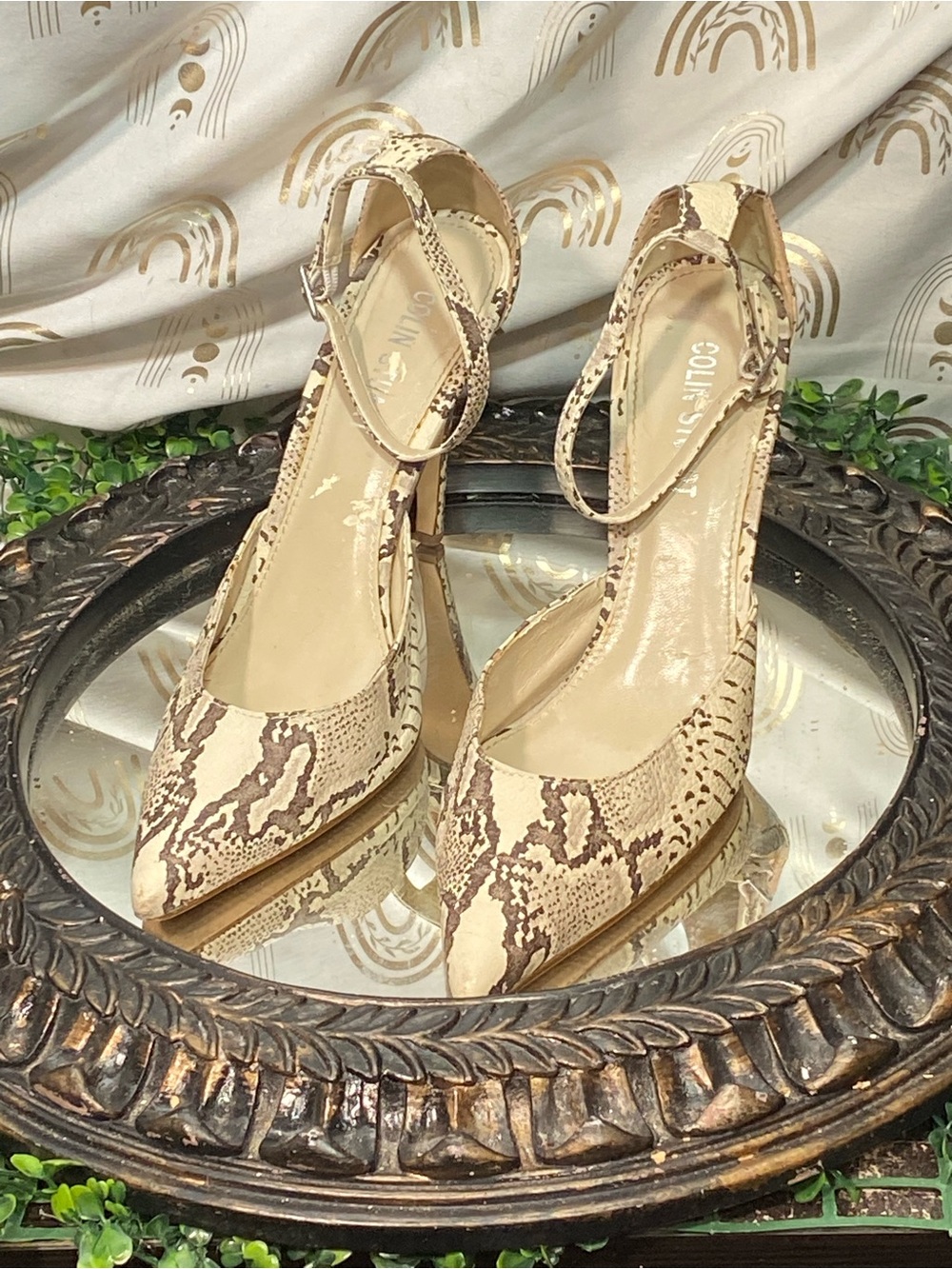 Colin Stuart Beige and Brown Snake-Print Pointed Ankle-Strap Pumps